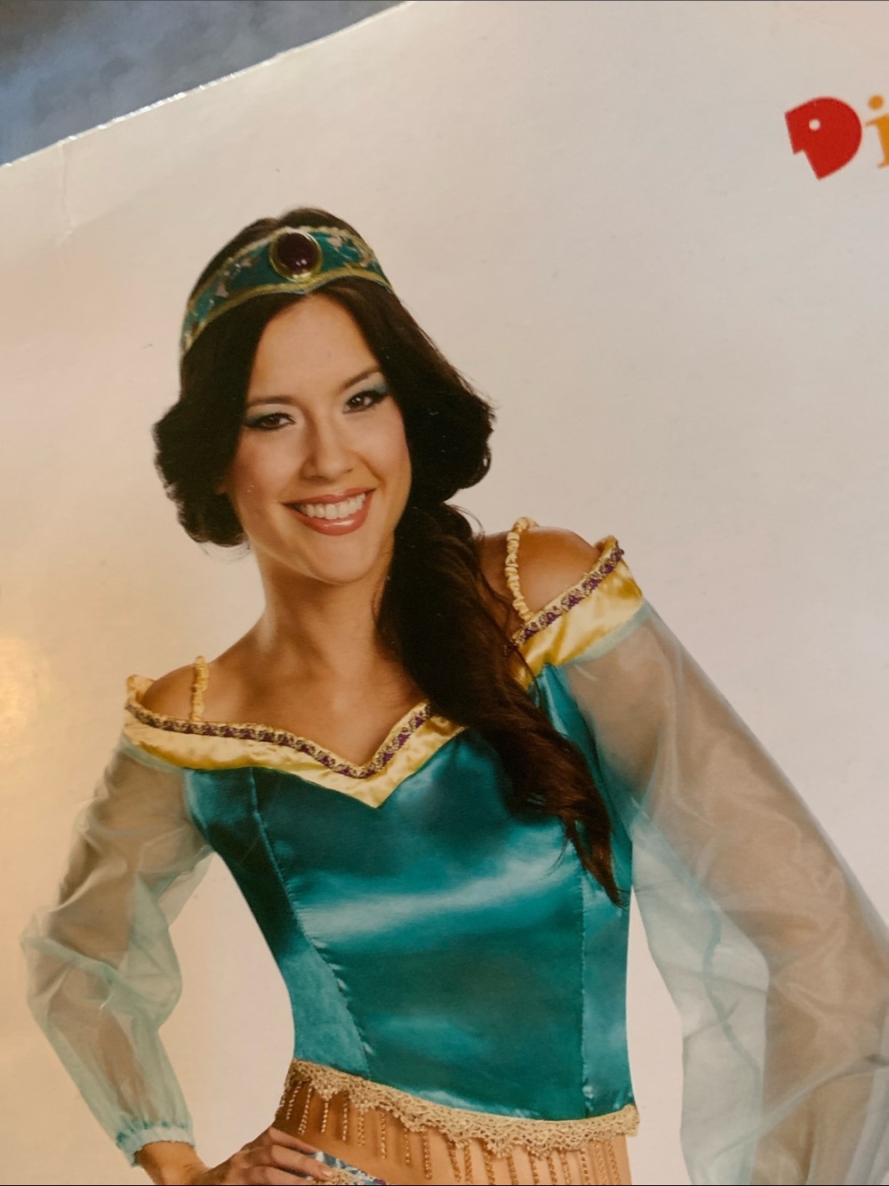 Disguise Teal and Gold Princess Costume Top with Sheer Sleeves & Headpiece only